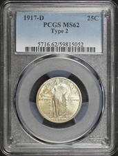 1917-D Type 2 Standing Liberty Quarter, Nice Toning, Lustrous Original PCGS MS62 picture