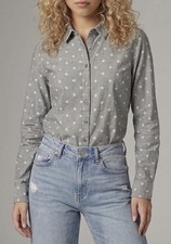NWT Talbots Women’s Size PM Gray Pink Polka Dot Cotton Button Up Blouse picture