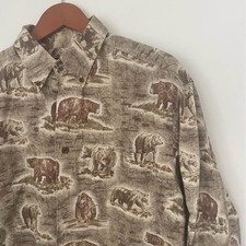 Woolrich Cotton Vintage Mens Bear Print Tan Brown Button-Down Shirt Size Large picture