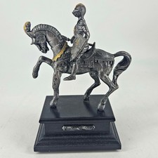 Vintage Pewter medieval knight on horseback figurine on wood base Made in Italy picture