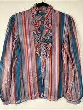 ✨ Vintage Saks Fifth Avenue Ruffle Stripe Blouse Sheer 100% Polyester Size 12 picture