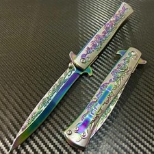 9” Rainbow Rose Flower Tactical Spring Assisted Open Blade Folding Pocket Knife picture