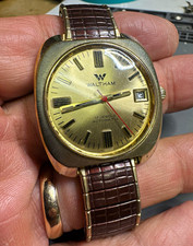 Waltham 17J Automatic Date Wristwatch Gold Sunburst Dial Cushion Case Brown picture