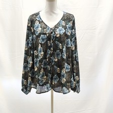 Torrid Womens 2 2X Black Blue Skull Floral Georgette Pintuck Long Sleeve Blouse picture