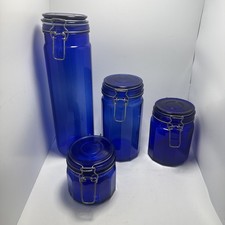 Vintage Set Cobalt Blue Glass 12 Panel Jar Wire Hinge Lid; 13” 8” 5.75” 4” picture