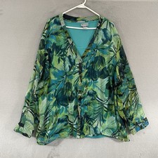 Catherines Maggie Barnes Blouse Womens 4X 30/32W Green Floral Long Sleeve picture