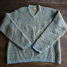 Vintage Catalina Mohair Blend V-Neck Sweater XL Blue Tan Zigzag Fuzzy Knit 1960s picture