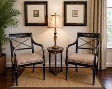 Pair Kindel Regency Armchairs Black Lacquer Hand Painted Gold Hollywood Regency picture