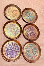 Vintage India Enameled Brass Floral Trinket Dishes Coasters Set of 6 picture