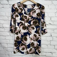 Boden Tunic Dress Womens Abstract Roses Size 2P Artsy Split Neckline 3/4 Sleeve picture