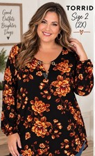 Torrid Black Floral Long Sleeve V-Neck Shift Top Rayon Chain Accent Size 2X picture