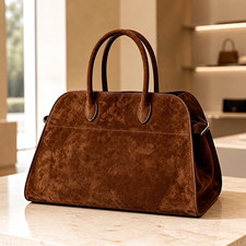 Brown Top Handle Suede Satchel Handbag w/Buckle Detail Gold Hardware Zip Pockets picture