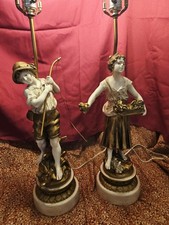 Antique French Victorian Moreau Figural Metal Boy and Girl Table Lamps Set  picture