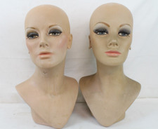 2 Vintage Fiberglass Mannequin Head Wig Display Painted Eyes Halloween Bust picture