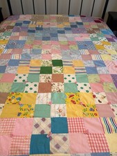 Vintage 1970s Handmade Quilt  Patchwork Fun Retro Fabrics 92” X 79” Hand Tied picture