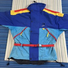 Vintage North Face Jacket Mens Medium Blue Color Block Vertical Ski Belted GC picture