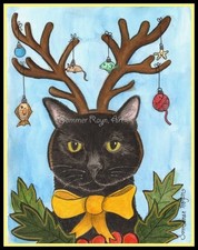 Quirky Island, Black cat, ornaments, reindeer, sweet expression, Christmas, #784 picture