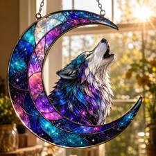 Wolf Moon Acrylic Suncatcher, Galaxy Wolf Window Hanging, Crescent Moon Wolf picture
