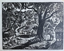 CHARLES SURENDORF-Signed Linocut Print –Tahitian Village-1940s picture