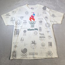 1996 Atlanta Olympics Hanes T-Shirt Mens L White All Over Print Vintage Logos picture