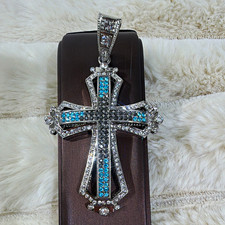 Large Silver-Tone Christian Cross Pendant Charm Blue & Clear Rhinestones 42.2g#5 picture