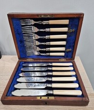 12 Antique 1883 English EPNS Silver, Ivory Fish Serving Set Original Box picture