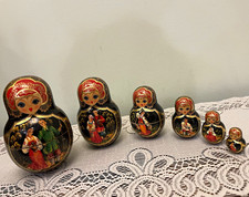 Set Of 6 Russian Matryoshka Nesting Dolls, Hand-Painted Black Floral & Scenes picture