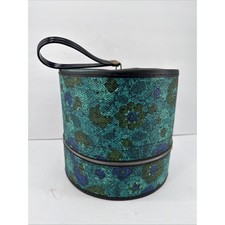 VTG 60s Floral Hat Box Train Case Round Travel Vanity Storage Blue Green Retro picture