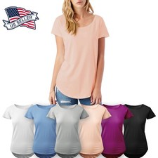 Women Basic Longline Tee Solid Top Plain Cotton T-Shirt Stretch Tight Crew Neck picture
