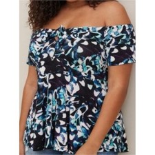 Torrid Off Shoulder Top Womens 3 Blue Good Abstract Tie Front Super Soft Knit picture