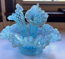 Fenton Blue Opalescent Hobnail Glass Epergne Double Crimped Vase Set  picture