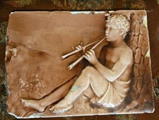 Antique Trent Tile Piece Plum Color Boy W Flute & Cows 8.25 X 6  picture
