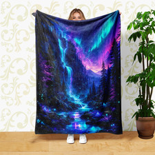 Aurora Forest Waterfall Coral Fleece Blanket Northern Lights Decor picture