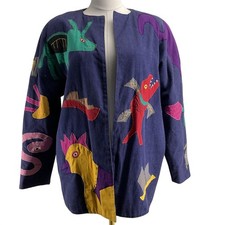 Vintage Girasol Jacket Womens 2 Blue Collarless Lined Embroidered Animals picture