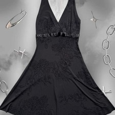 Whimsygoth 90s Vintage Black Floral Halter Babydoll Midi Dress Satin Bow Waist picture