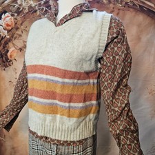 Vintage 60s Break Away Lamplighter Wool Sweater Vest Striped V-Neck Cream Mens M picture