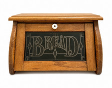 Vintage Cornwall Oak Wood Bread Box Black Glass Drop Front 1970s USA RARE picture
