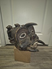 Vintage Bamileke Cameroon Helmet Mask 3 Guardian Figures Tusks African Tribal picture