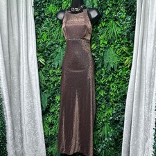 Vintage Cache Dress 6 Bronze Metallic Shimmer Halter Maxi Rhinestone Waist 4217 picture