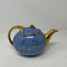 Vintage Hall China 6 Cup Teapot Periwinkle Blue Gold Starburst Atomic MCM USA picture