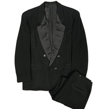 Vintage 1940s Bespoke Double Breasted Tuxedo Handmade Wool Silk Black 38R 30x31 picture