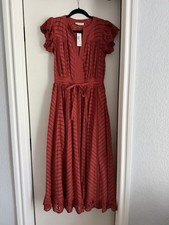 Ulla Johnson Red Lace Eyelet V-Neck Flutter Sleeve Tie Belted Midi Dress 2 picture
