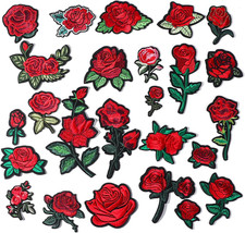 25pcs Assorted Sizes Iron on Rose Patches, Red Floral Embroidered Patches Appliq picture