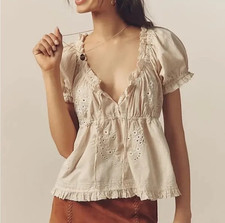 NWT  Anthropologie Puff Sleeve Embroidered Babydoll Top Size S Cottage Milkmaid picture
