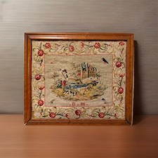 Antique c1850 Victorian Berlin Woolwork Castle Needlepoint Framed 20x18 picture