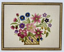 Vtg Crewel Embroidery Framed Flowers in Basket 12x 15” 1970s Beautful Needlework picture
