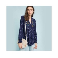 Vanessa Virginia Anthro Blue Long Sleeve Floral Jeweled Top Blouse 12 picture