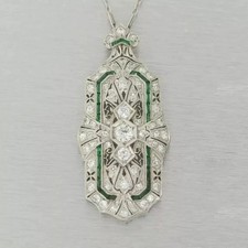Art Deco Vintage Style Lab Created Diamond Emerald Engagement 925 Silver Pendant picture