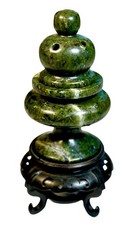 Vintage Chinese Jade Green Hardstone Censer Incense Burner on Wood Stand picture