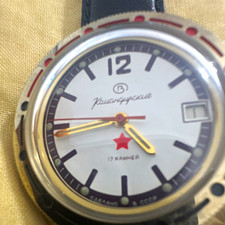 Vostok Komandirskie 17J Manual Wind Date White Dial 30m Black Leather picture